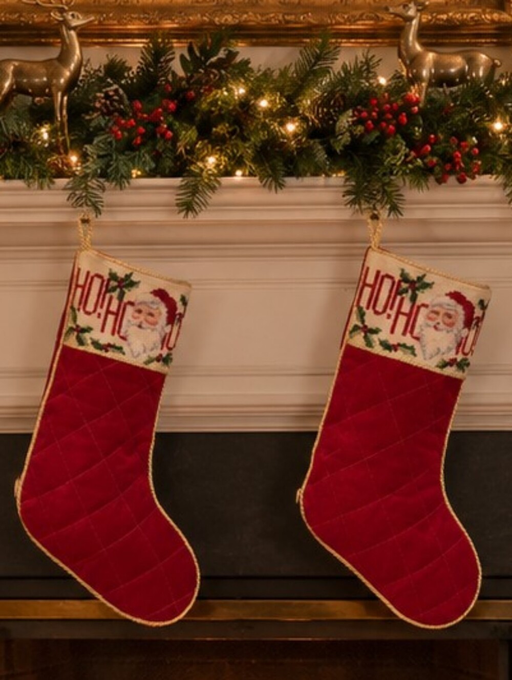 Classic Needlepoint Quilted Red Velvet Santa Christmas Stocking - Set of 2
